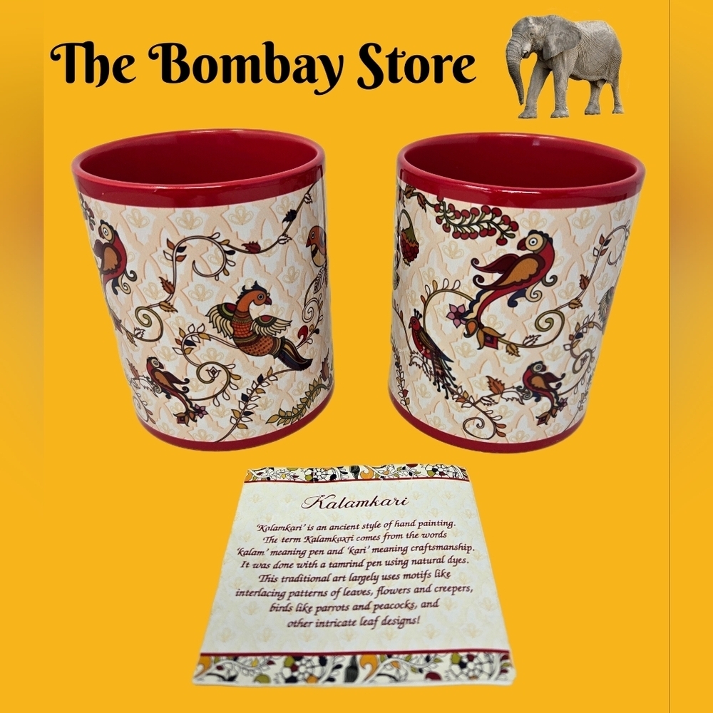 The Bombay Set of 2 Kalamkari Coffee Cups Hand Painted Exotic Beautiful Birds
